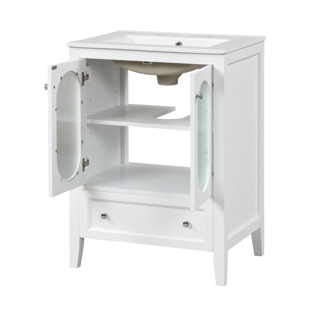 24" Bathroom Vanity with Sink, Bathroom Vanity Cabinet with One Drawer and Doors, Adjustable Shelf, Solid Wood and MDF, White