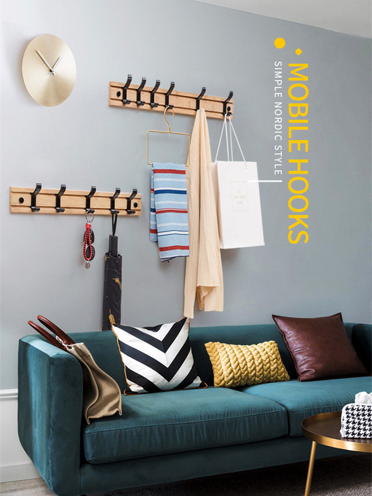 Punch Free Clothes Hook On Solid Wood Wall Can Move a Row Of Horizontally Hanging Bags Wall Thickening Bamboo Wood Metal Clothes Hook