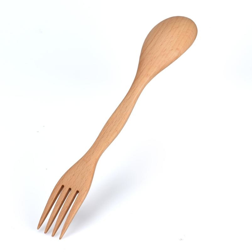 Natural Wood Spoon Fork Spork Dual Creative Unpainted Dining