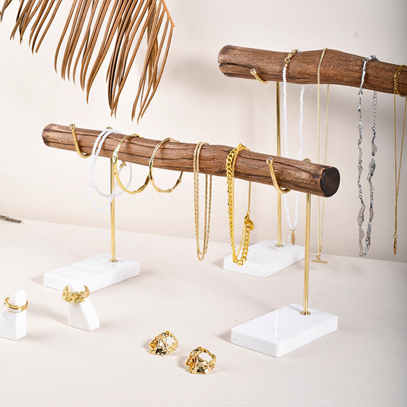 Bracelet Storage Rack Natural Wood And Brass Marble Base Necklace Display Rack - High