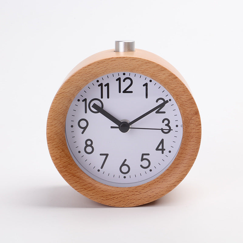 Mini Alarm Clock Wooden Mute Backlit Battery-Powered Round Solid Wood Night Light Alarm Clock