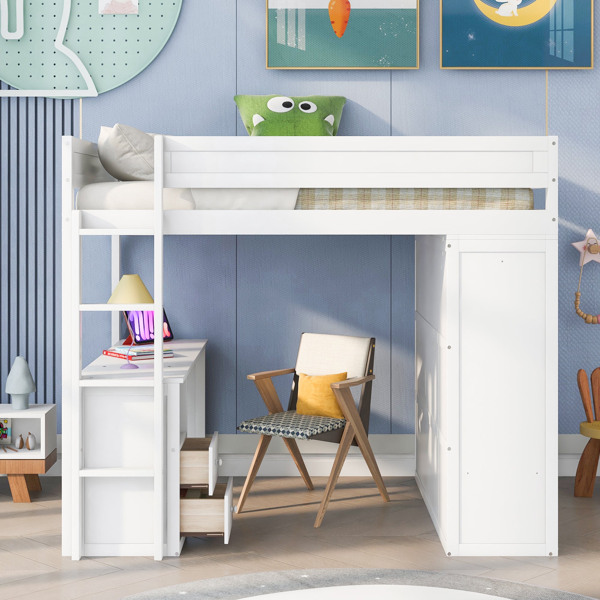 Wood Full Size Loft Bed with Wardrobes and 2-Drawer Desk with Cabinet, White - White + Solid Wood+MDF + Full