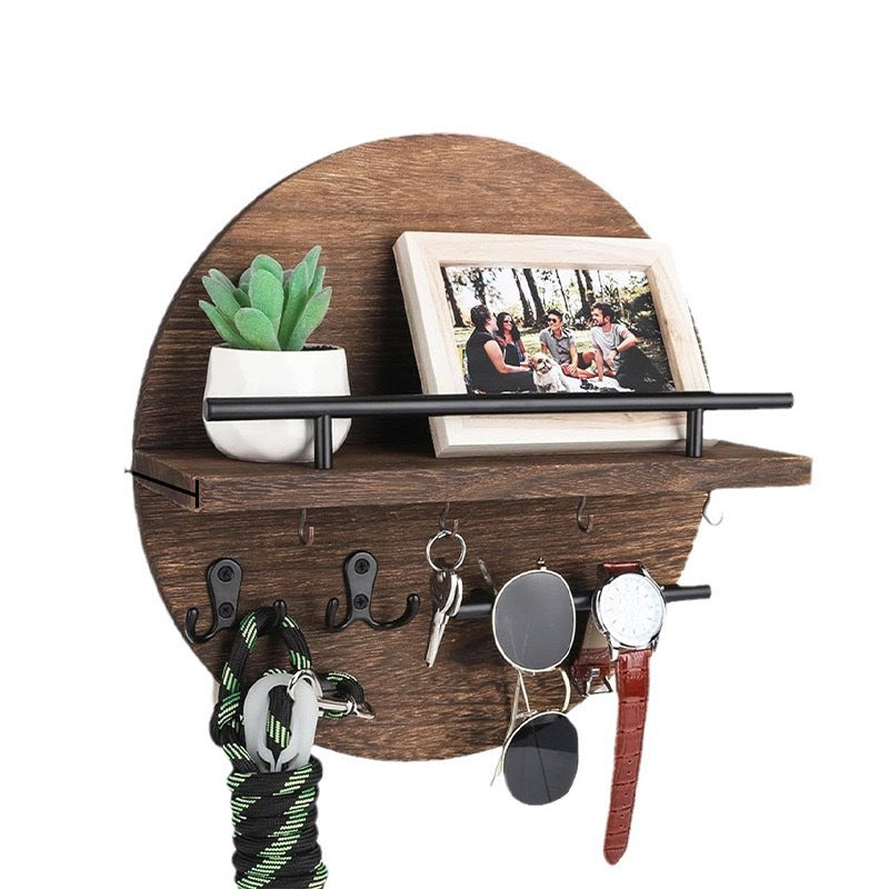 Wall Mounted Retro Wooden Shelf Round Floating Shelf Storage Rack Solid Wood Entryway Decorative Rack Hallway Key Holder