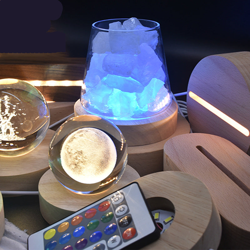 Round Crystal Luminous Wood Base Solid Wood Led Small Night Light Base Fireless Aromatic Small Night Light Gift Wooden Ornaments