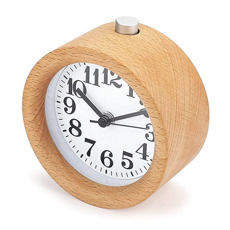 Mini Alarm Clock Wooden Mute Backlit Battery-Powered Round Solid Wood Night Light Alarm Clock