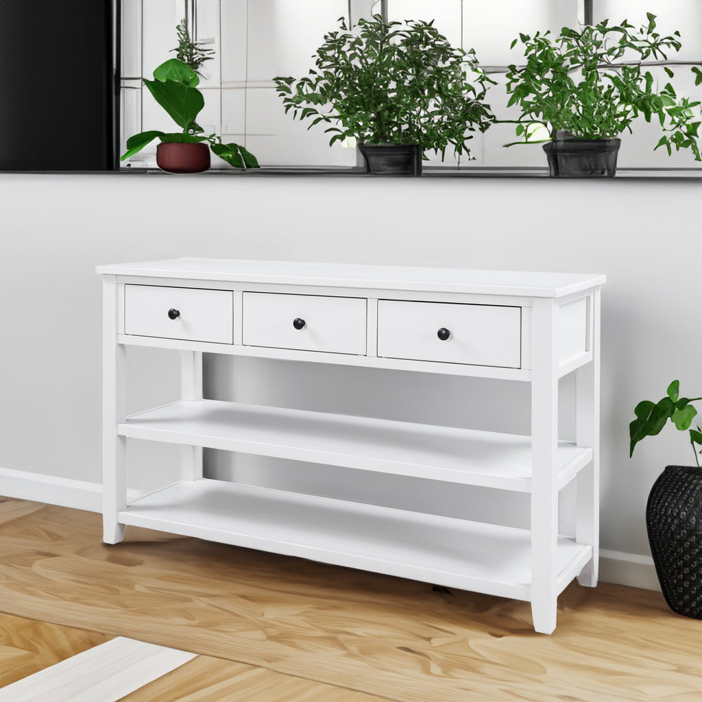 Retro Design Console Table with Two Open Shelves, Pine Solid Wood Frame and Legs for Living Room (Antique White) - Antique White+Solid Wood