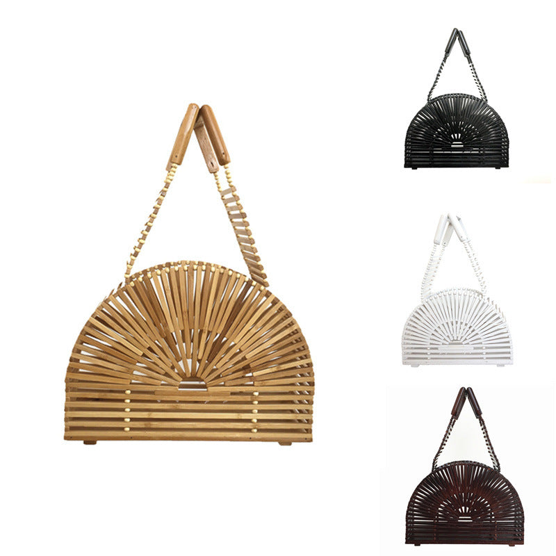 Half Round Bamboo Bag Women's Handbag Beach Bag Ins Net Red Popular Bamboo Handbag Round Bag - Brown  Small
