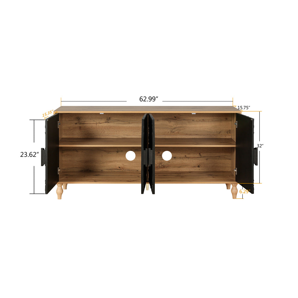 Black Carved Symmetrical Design Door And Wood Coloured Frame For TV Stand Table,Living Room ,Entryway