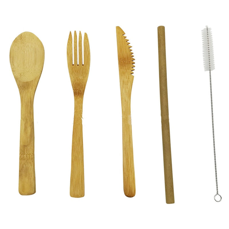 6Pcs/set Japanese Wooden Dinnerware Set Cutlery Set Bamboo Fork Knife With Cloth Bag Kitchen Tools picnic travel camping outdoor