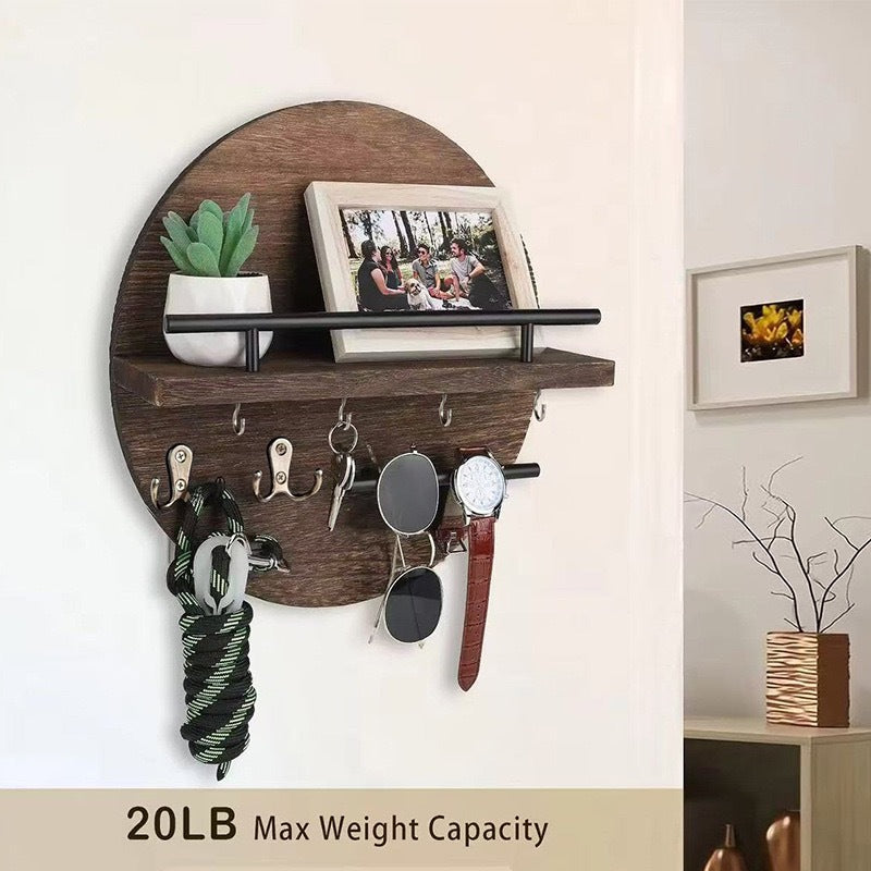 Wall Mounted Retro Wooden Shelf Round Floating Shelf Storage Rack Solid Wood Entryway Decorative Rack Hallway Key Holder