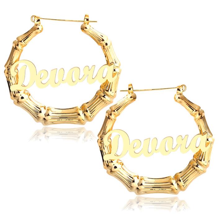 DOREMI Stainless Steel Bamboo Hoop Earrings Customize Name Earrings Bamboo Style Custom Hoop Earring With Statement Words Number