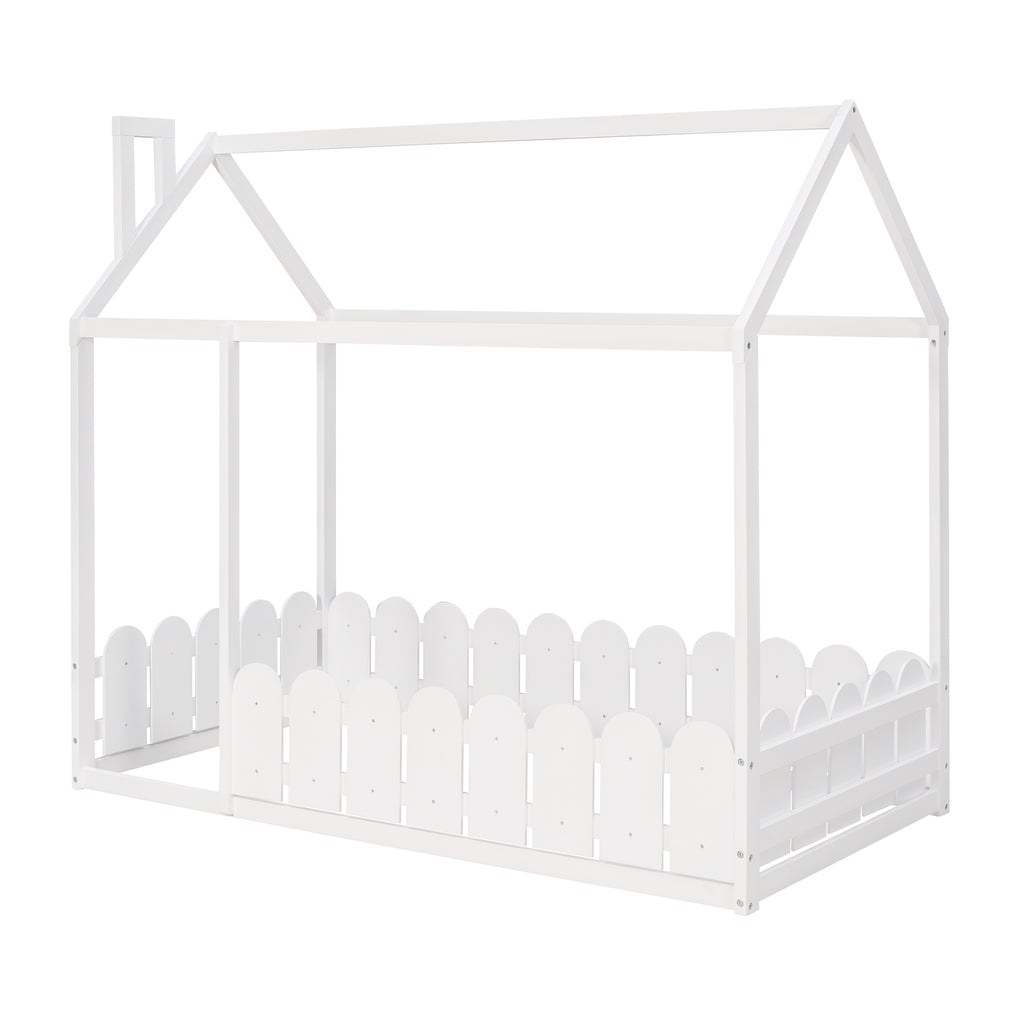 {Slats are not included}Twin Size Wood Bed House Bed Frame with Fence for KidsTeens Girls Boys {White}