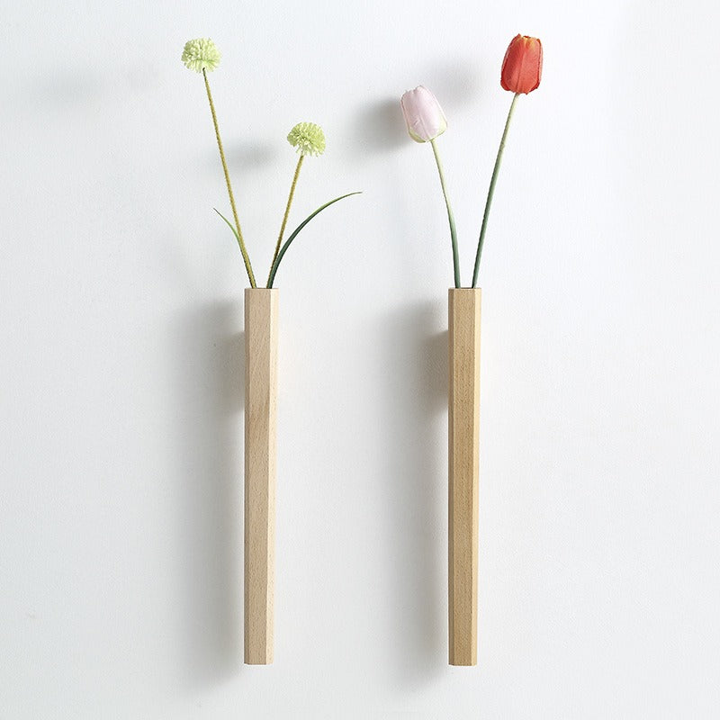 Creative Nordic light luxury solid wood foyer with wooden vase, wall decoration for living room, hanging Japanese walnut flower ware on the wall