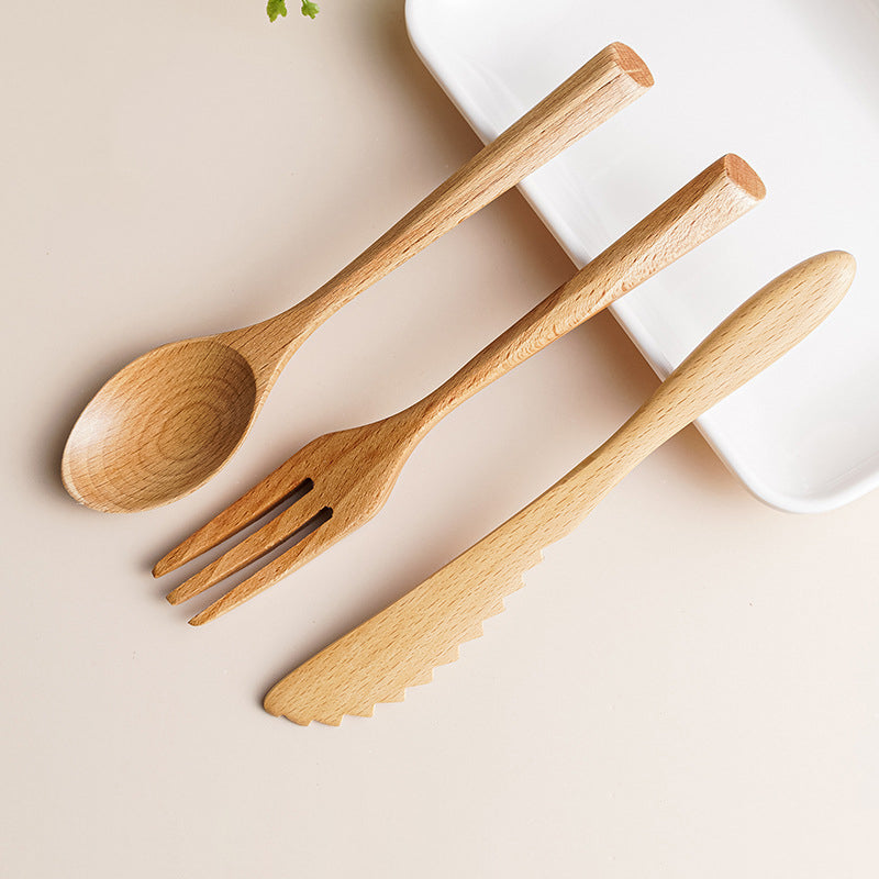 Creative Wooden Tableware, Beech Wood Knife, Fork, Spoon, Three Piece Set Of Solid Wood Natural Color Small Wooden Knife Set - 3