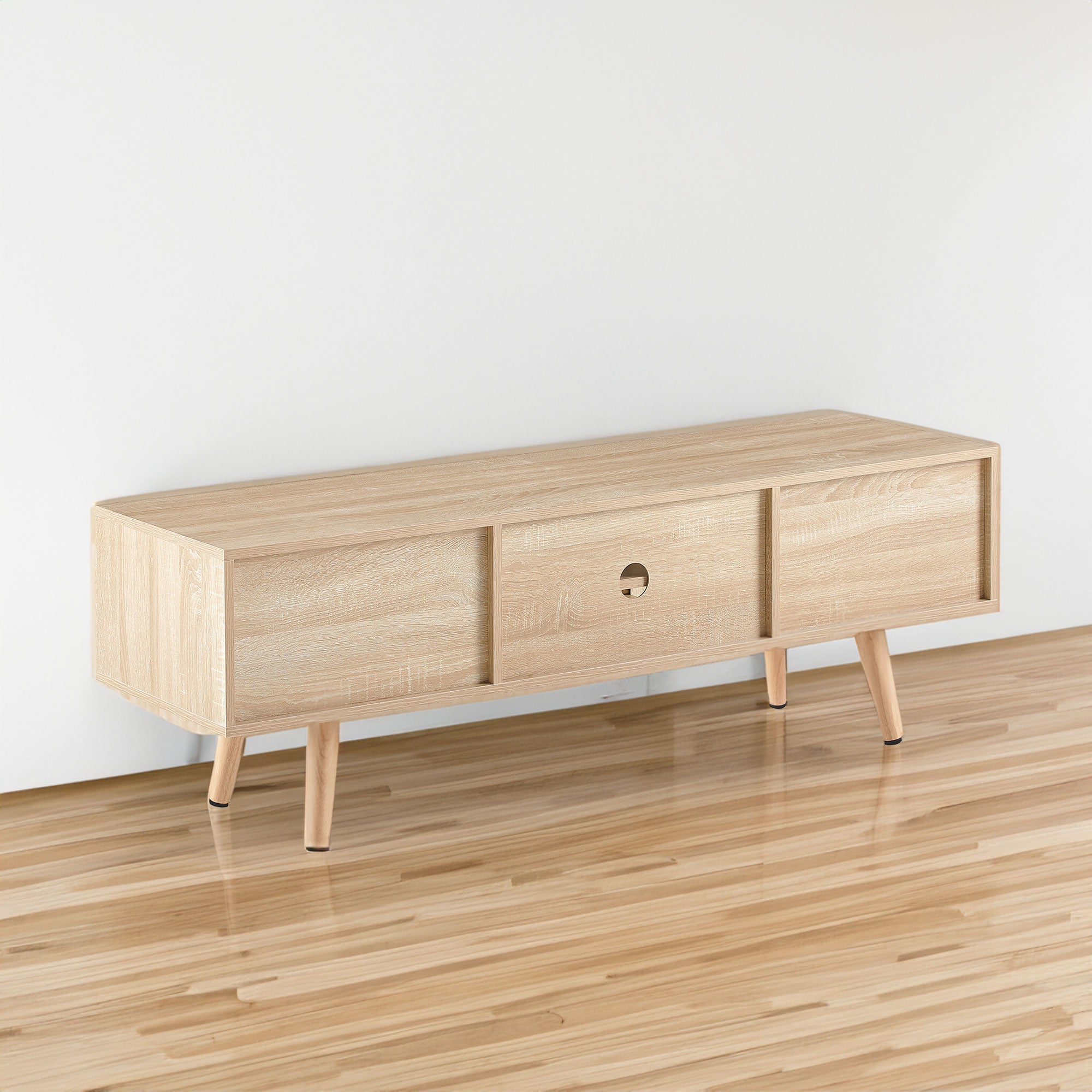55.12" Rattan TV cabinet double sliding doors for storage adjustable shelf solid wood legs TV console for living room natural - Natural + Solid Wood+MDF
