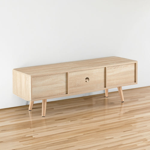 55.12" Rattan TV cabinet double sliding doors for storage adjustable shelf solid wood legs TV console for living room natural - Natural + Solid Wood+MDF