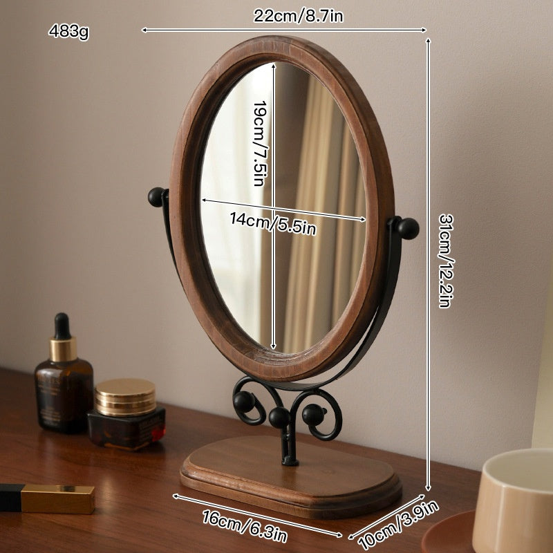 Bedroom Vintage Tabletop Mirror, Solid Wood Makeup Mirror, Household Desktop Wooden Chinese-Style Upright Rotatable Dressing Mirror