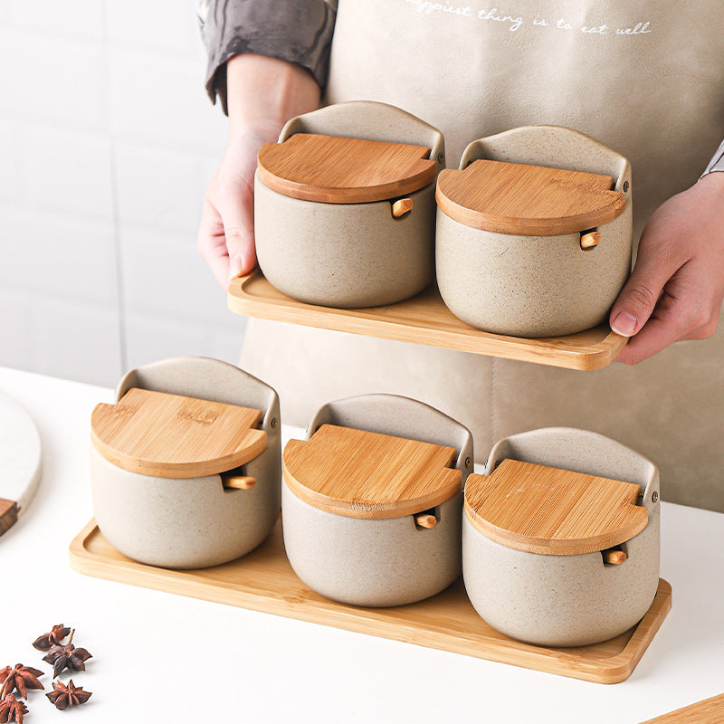 Japanese Ceramic Bamboo and Wood Lid Seasoning Jar Seasoning Box Kitchen Seasoning Storage Jar Salt Sugar Jar Set - Model B - Round Seasoning Cans*3