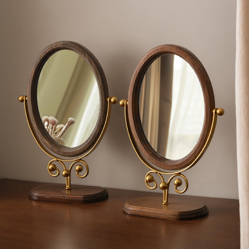 Bedroom Vintage Tabletop Mirror, Solid Wood Makeup Mirror, Household Desktop Wooden Chinese-Style Upright Rotatable Dressing Mirror