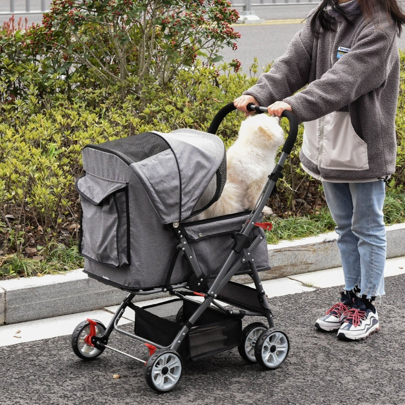 Pet Foldable Travel Carriage Stroller with Reversible Handle - Grey