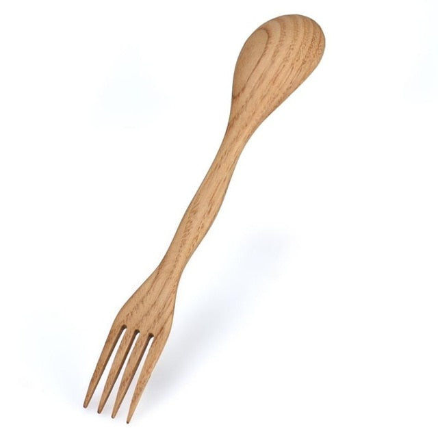 Natural Wood Spoon Fork Spork Dual Creative Unpainted Dining