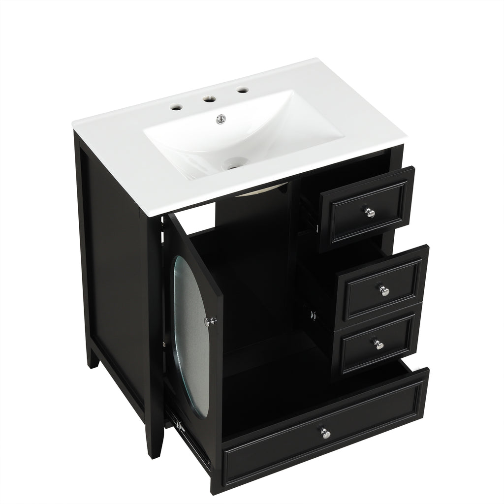 30" Bathroom Vanity with Sink, Bathroom Vanity Cabinet with Three Drawers and Door, Solid Wood and MDF, Black