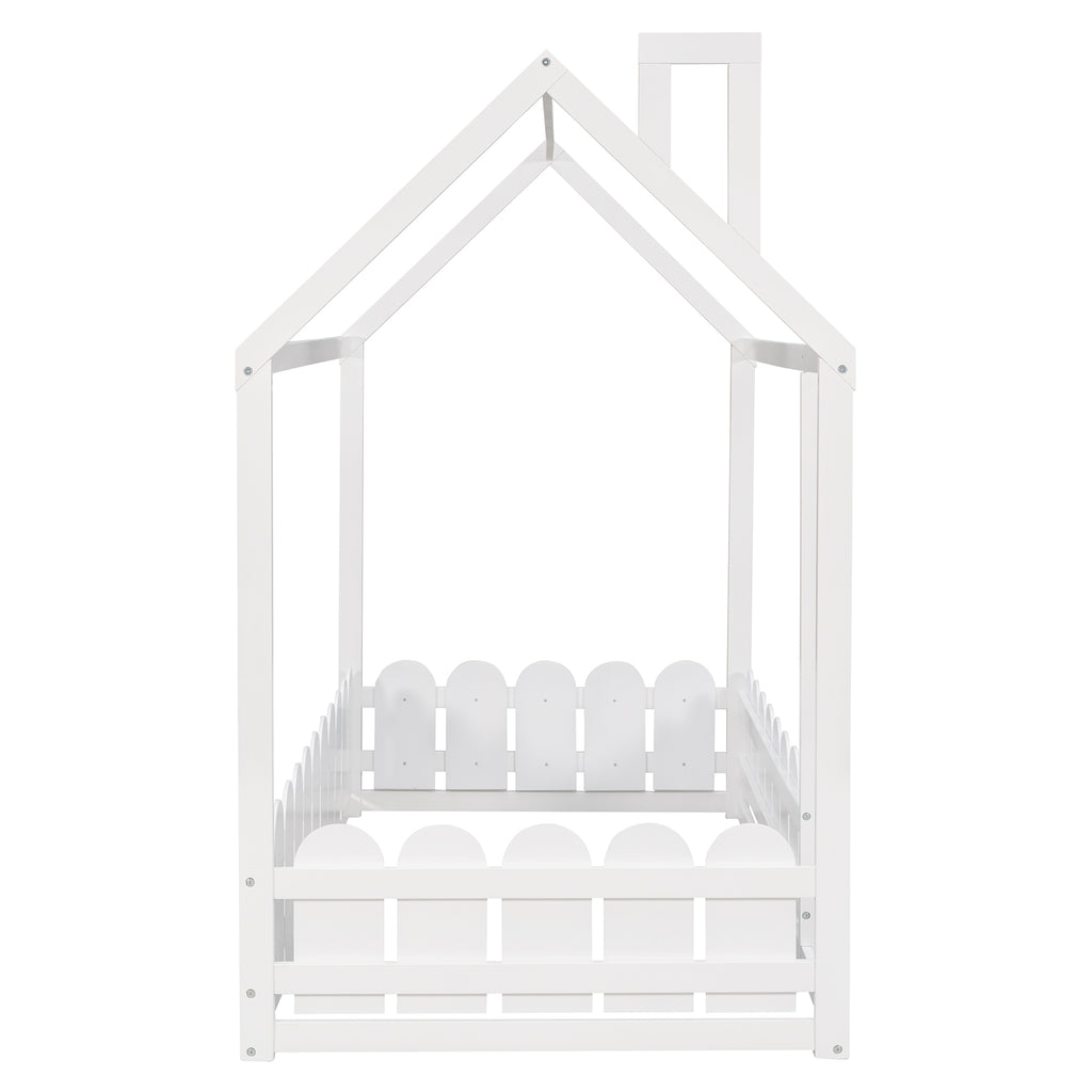 {Slats are not included}Twin Size Wood Bed House Bed Frame with Fence for KidsTeens Girls Boys {White}