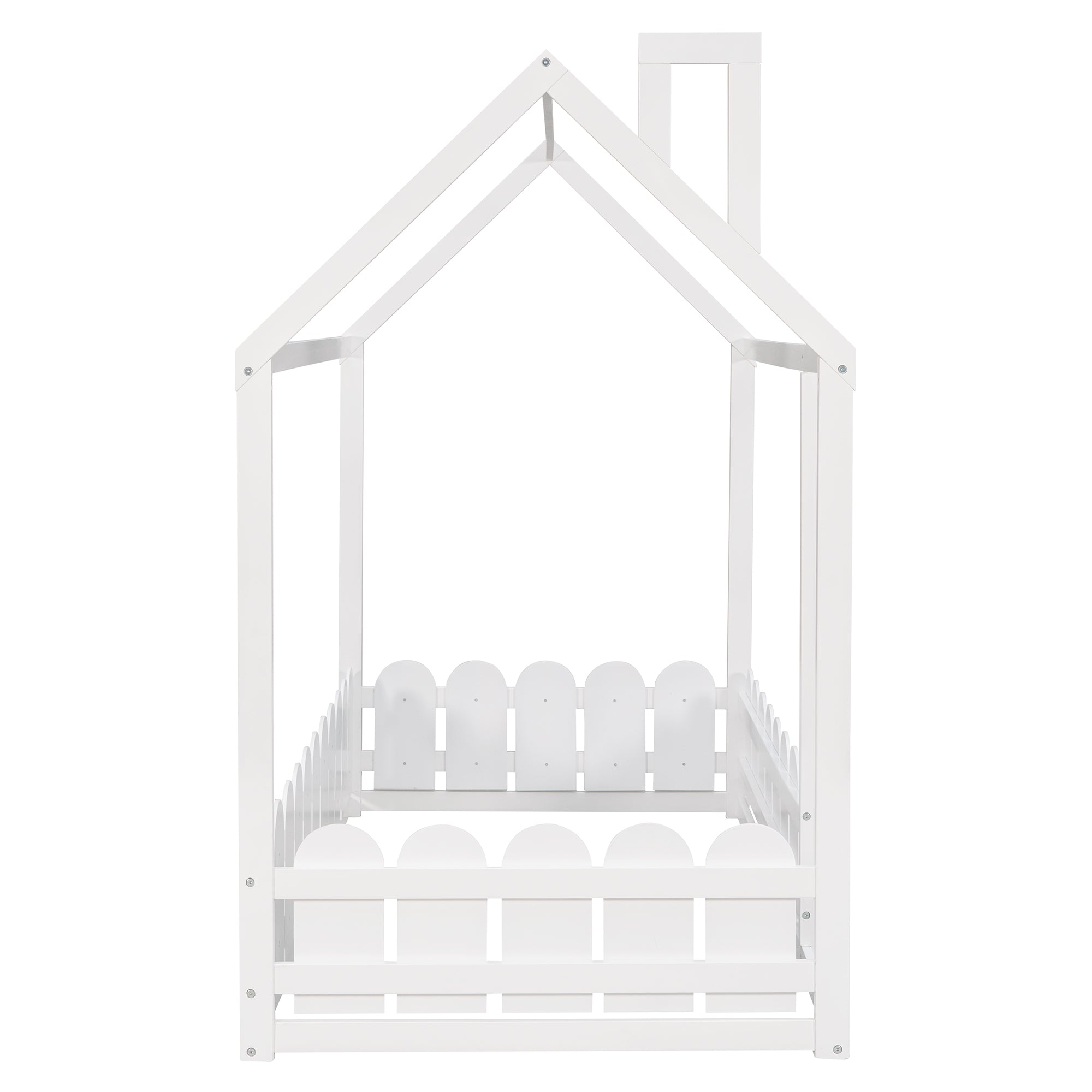 {Slats are not included}Twin Size Wood Bed House Bed Frame with Fence for KidsTeens Girls Boys {White}