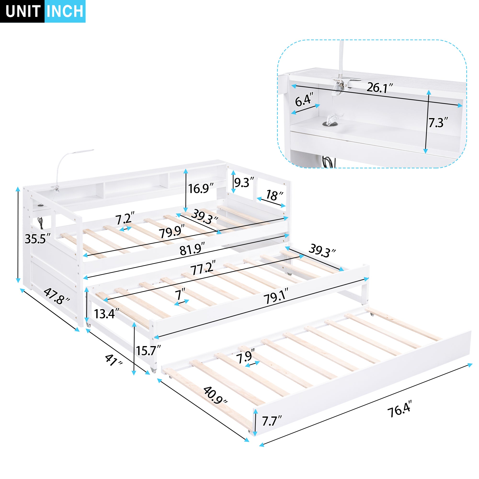 Twin XL Wood Daybed with 2 Trundles, 3 Storage Cubbies, 1 Light for Free and USB Charging Design, White