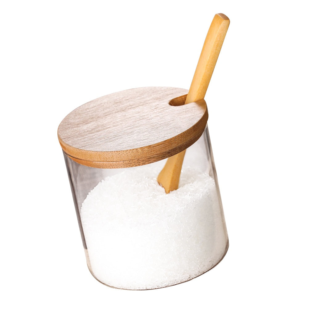 Spice Jars Kitchen Concise Clear Condiment Jars Storage Containers with Wooden Spoon Bamboo Lid