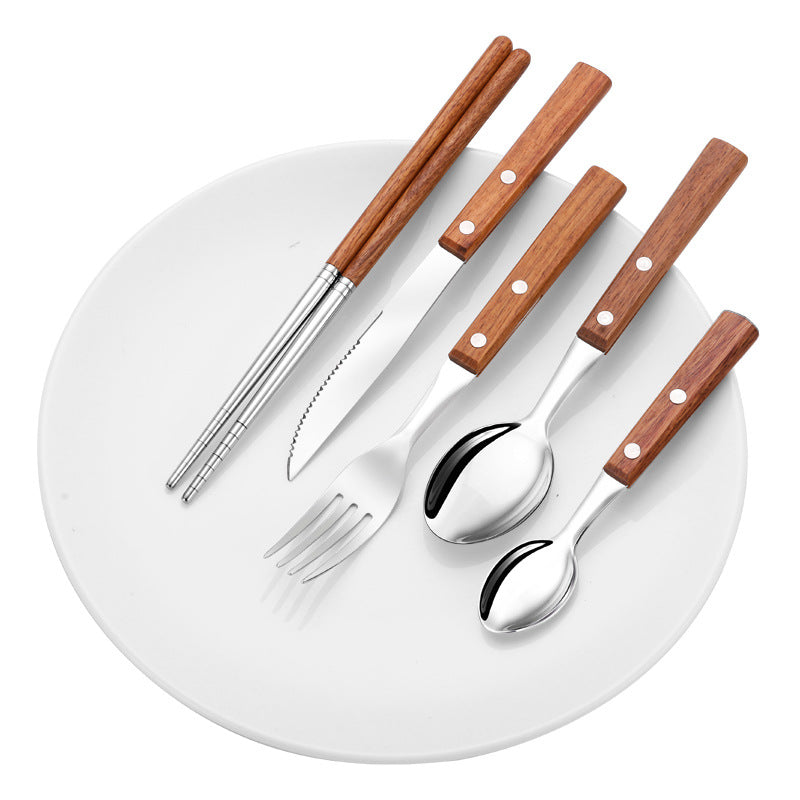 Pear Wood Handle Stainless Steel Western Tableware Chopsticks 304 Steak Knife, Fork And Spoon Five-Piece Set