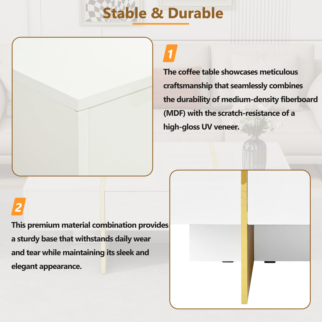 ON-TRANS 47.2 inch x 31.4 inch multifunctional rectangular sofa table with 2 drawers and gold wood grain leg center table, white
