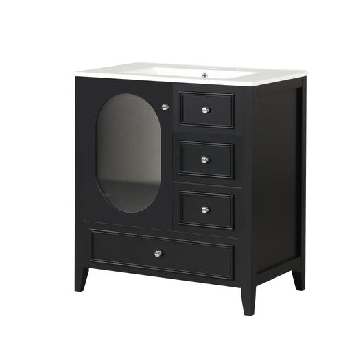 30" Bathroom Vanity with Sink, Bathroom Vanity Cabinet with Three Drawers and Door, Solid Wood and MDF, Black