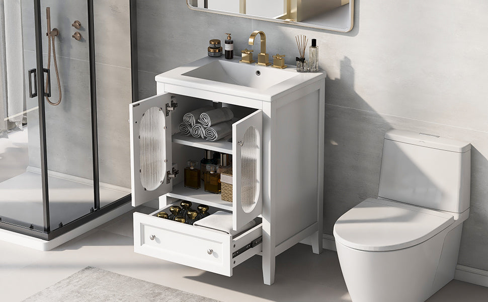 24" Bathroom Vanity with Sink, Bathroom Vanity Cabinet with One Drawer and Doors, Adjustable Shelf, Solid Wood and MDF, White