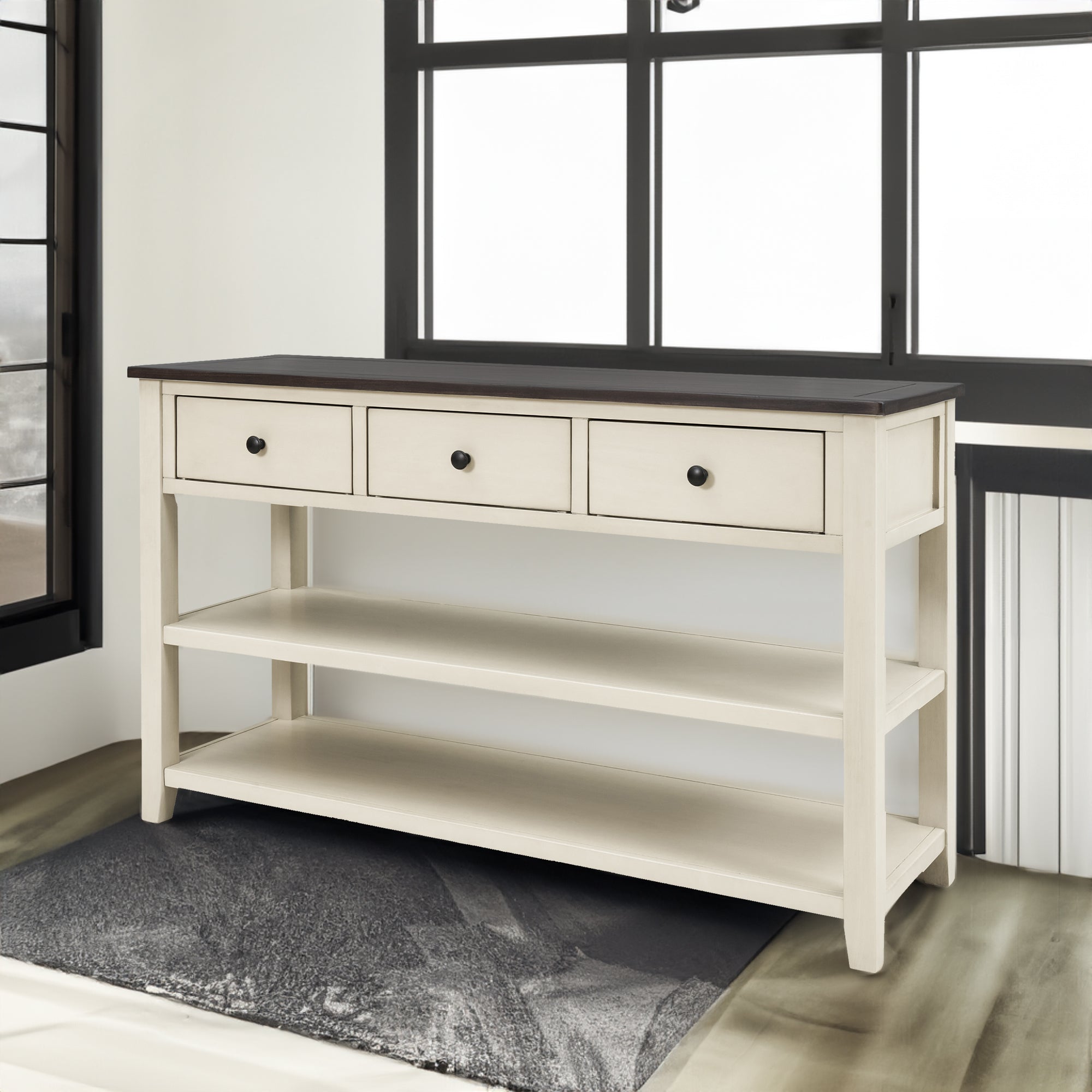 Retro Design Console Table with Two Open Shelves, Pine Solid Wood Frame and Legs for Living Room (Espresso+Beige) - Beige+Solid Wood