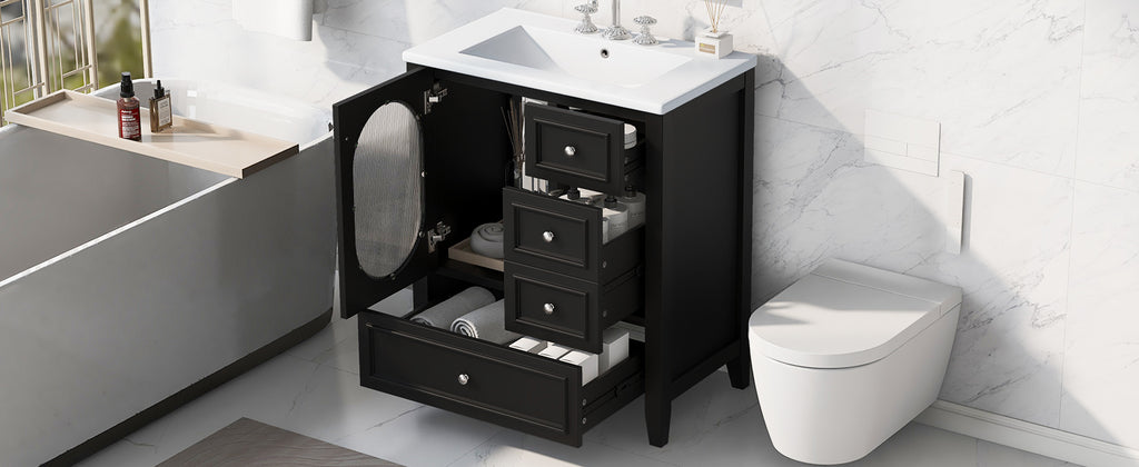 30" Bathroom Vanity with Sink, Bathroom Vanity Cabinet with Three Drawers and Door, Solid Wood and MDF, Black