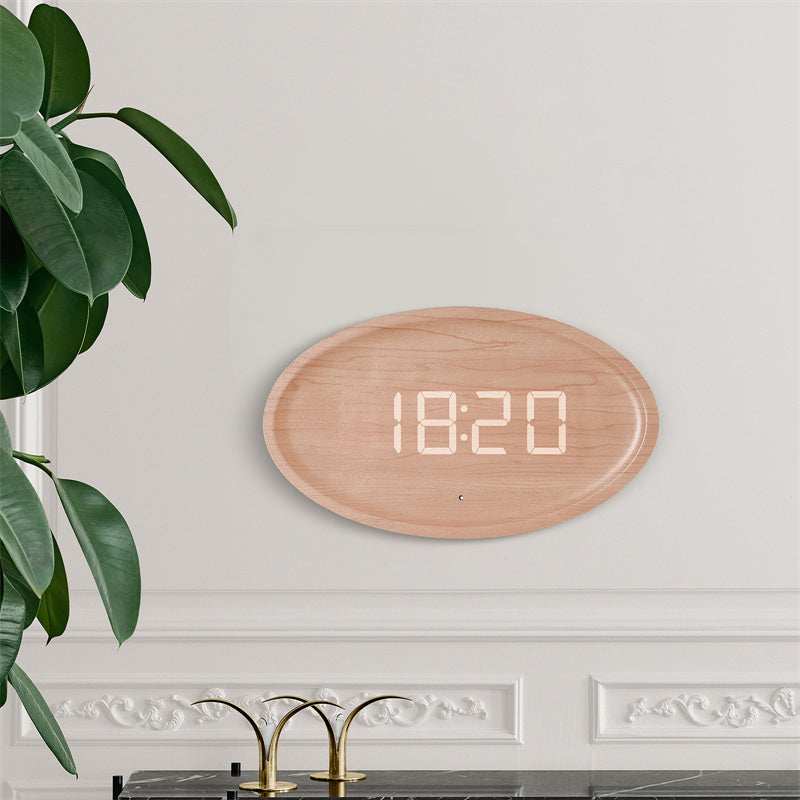 Imitation solid wood grain LED home living room wall clock plug-in decorative clock - B