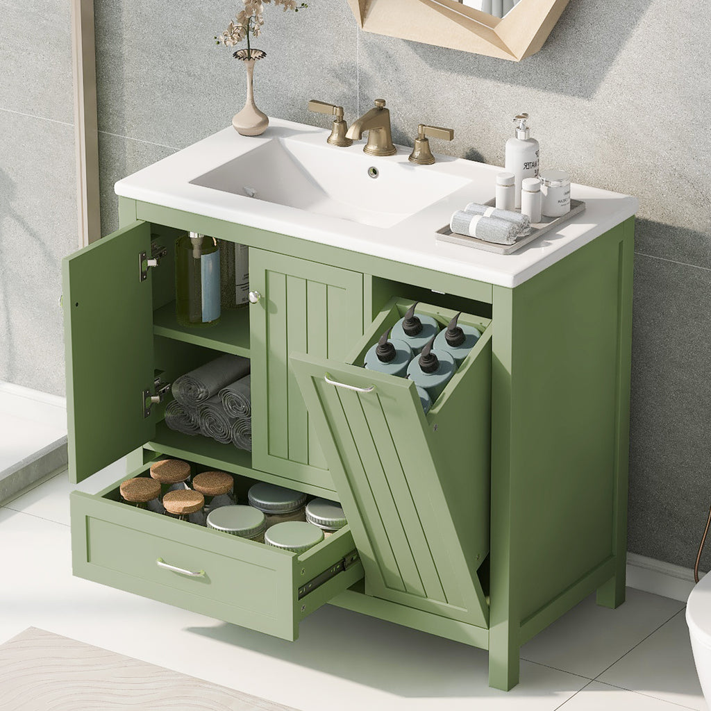 36 inch bathroom vanity with sink, one double door cabinet one large drawer and one flip drawer solid wood and MDF board, green