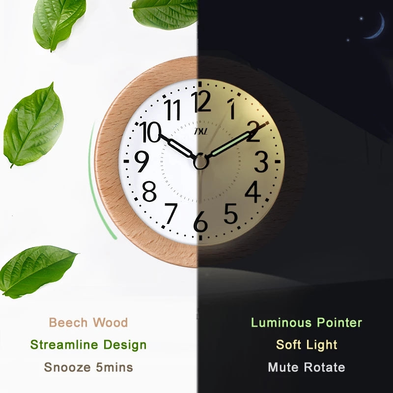 Mini Alarm Clock Wooden Mute Backlit Battery-Powered Round Solid Wood Night Light Alarm Clock