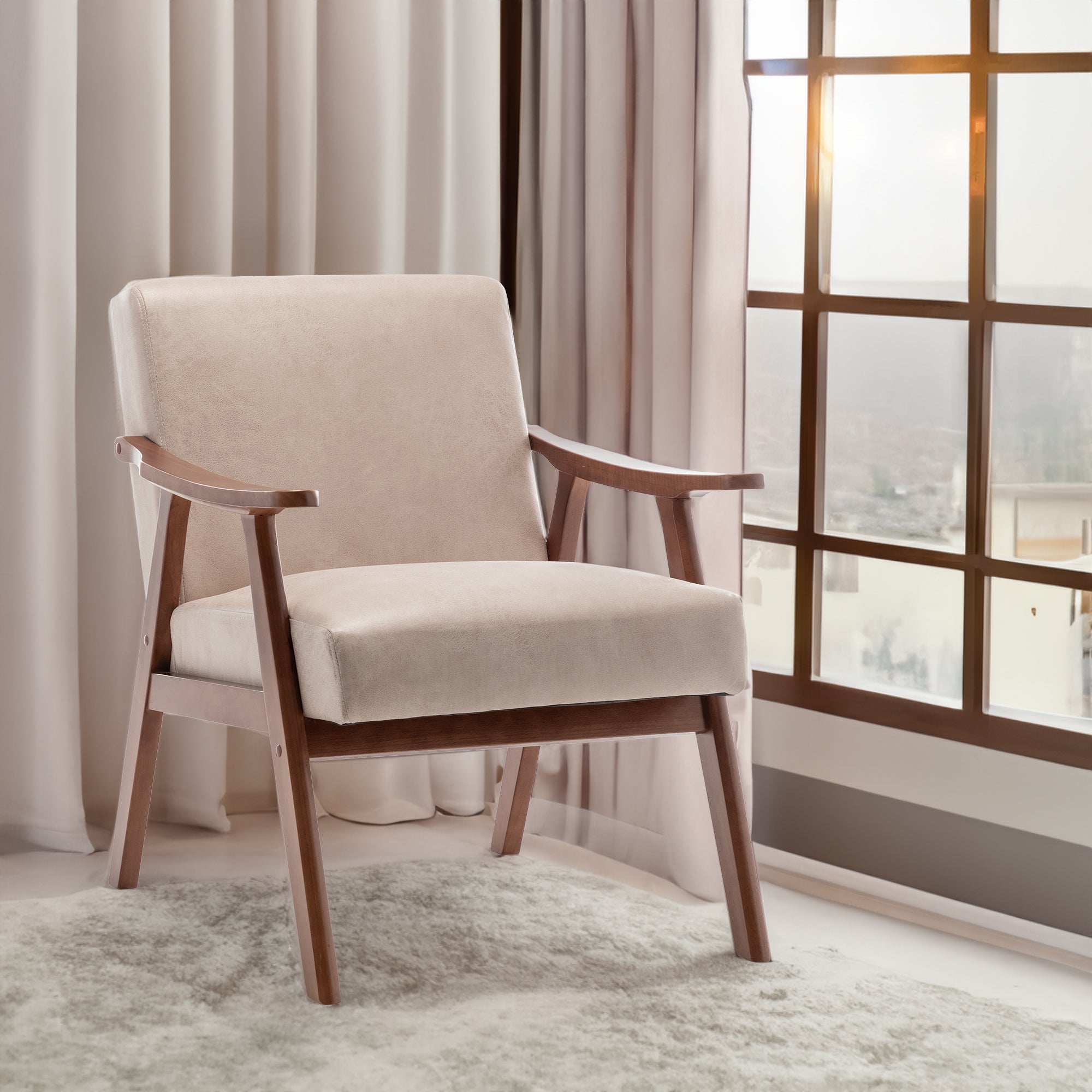 Solid wood frame living room chair, accent chair with thick backrest, casual chair Indoo - Light Camel + Fabric + Foam