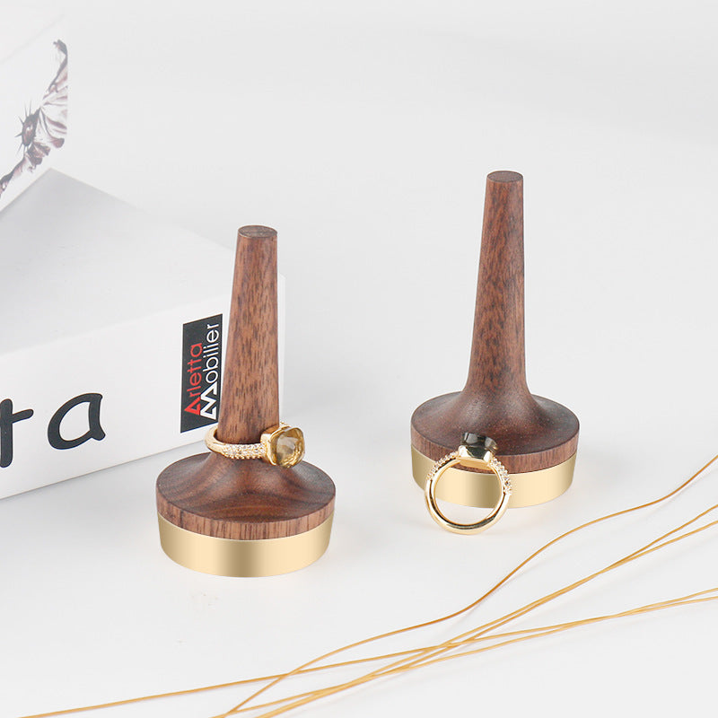 Wooden Walnut &amp; Brass Ring Display Stand, Solid Wood Ring Rack, Custom Logo Printing, Modern Minimalist Style