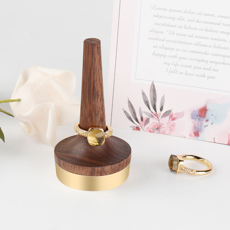 Wooden Walnut &amp; Brass Ring Display Stand, Solid Wood Ring Rack, Custom Logo Printing, Modern Minimalist Style
