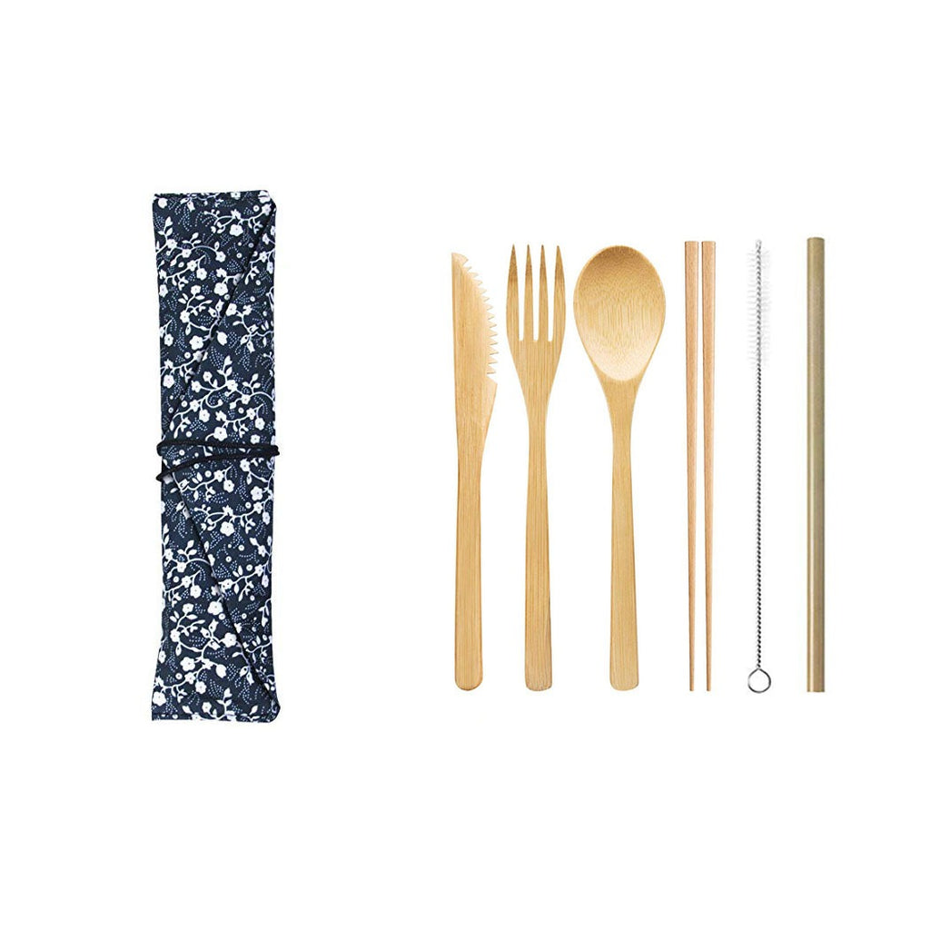 Bamboo Knife, Fork, Spoon, Bamboo Straw, Outdoor Environmentally-Friendly Tableware, Cloth Bag Set - L 6-2+Triangle Fragmented Flowers