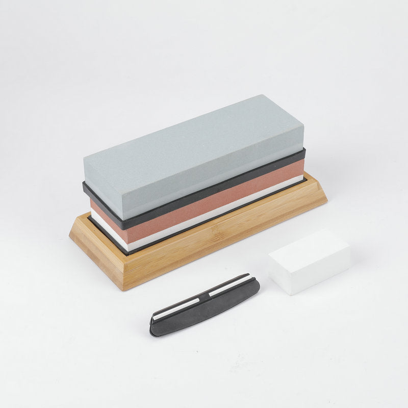 Kitchen Dual-Sided Whetstone Sharpener Set with Bamboo Base 400/1000 and 3000/8000 Grit Oil Stones - 4001000 Green Carbon  30008000  Black Grooved Oil Stone Bamboo Base Knife Holder Honing Stone