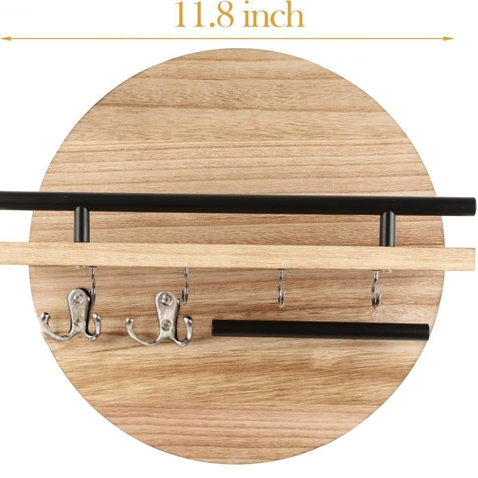 Wall Mounted Retro Wooden Shelf Round Floating Shelf Storage Rack Solid Wood Entryway Decorative Rack Hallway Key Holder