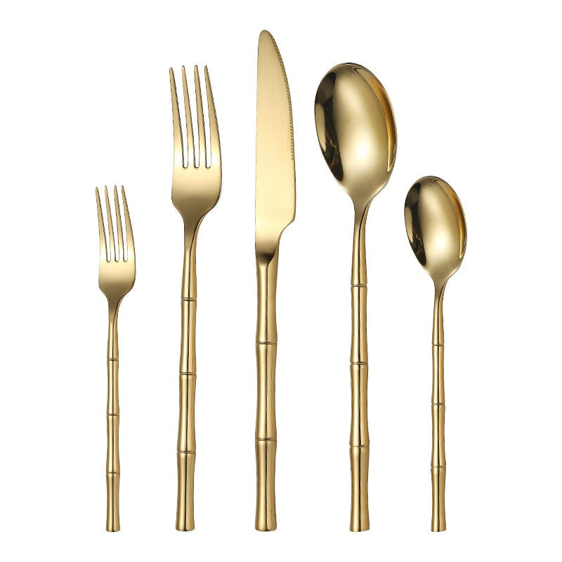 Thickened bamboo 304 stainless steel tableware knife, fork, and spoon set with titanium plated Western steak knife, fork, and spoon - golden