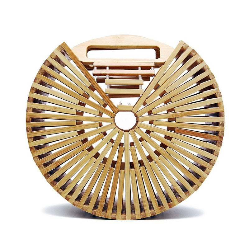 Handheld bamboo woven bag handcrafted woven bag retro hollow beach bag - Handheld round bag