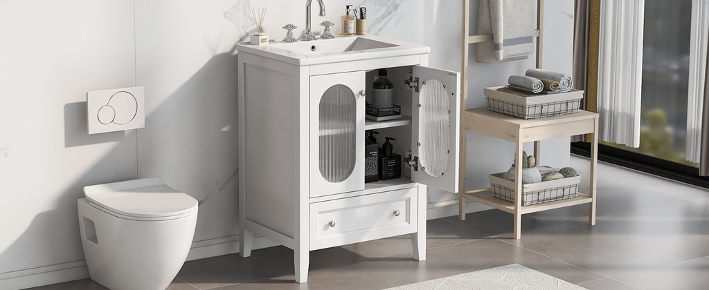 24" Bathroom Vanity with Sink, Bathroom Vanity Cabinet with One Drawer and Doors, Adjustable Shelf, Solid Wood and MDF, White