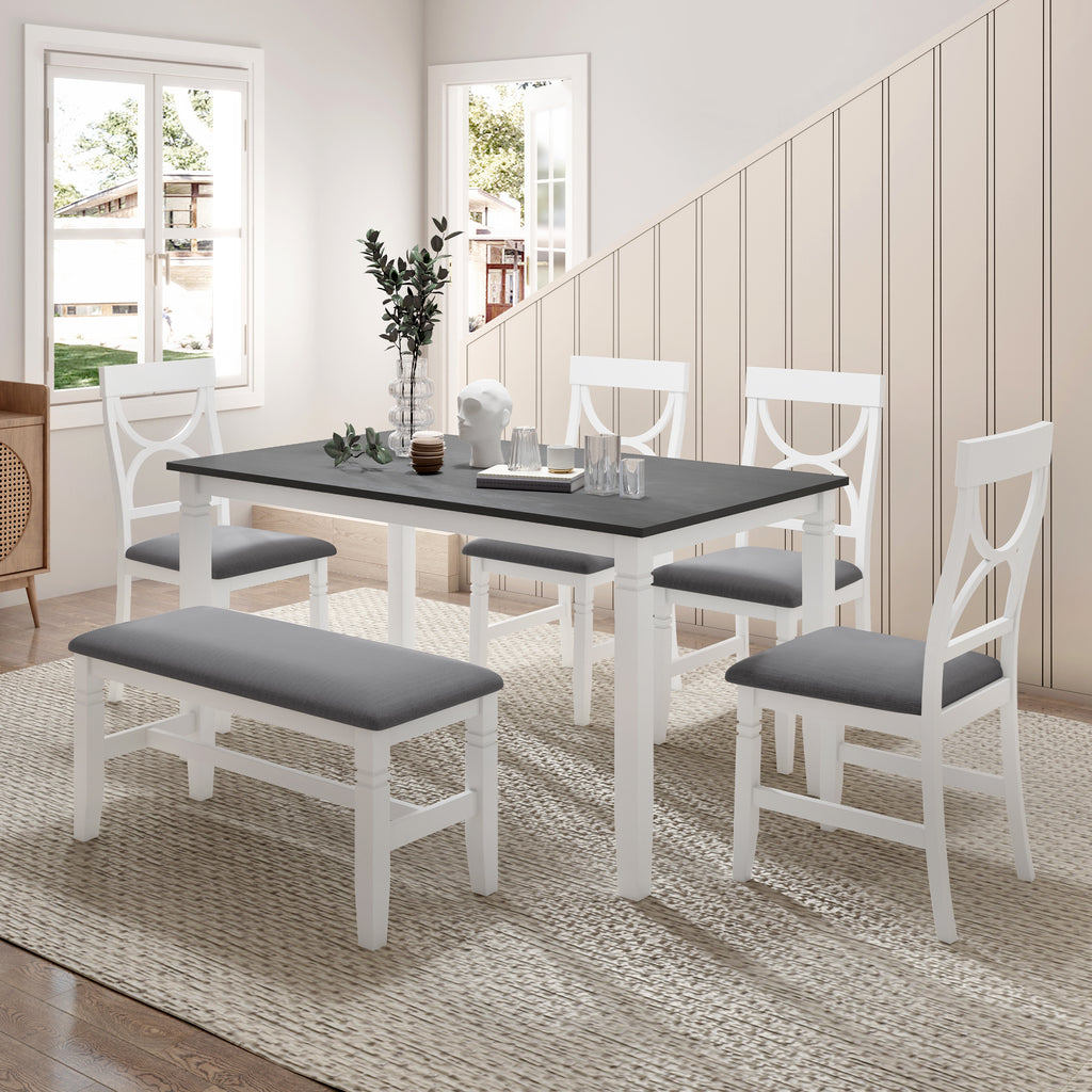 TOPMAX 6-Piece Wood Dining Table Set Kitchen Table Set with Upholstered Bench and 4 Dining Chairs, Farmhouse Style Gray+White - SP000003AAK