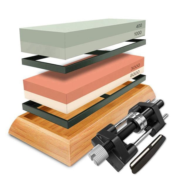 Kitchen Dual-Sided Whetstone Sharpener Set with Bamboo Base 400/1000 and 3000/8000 Grit Oil Stones